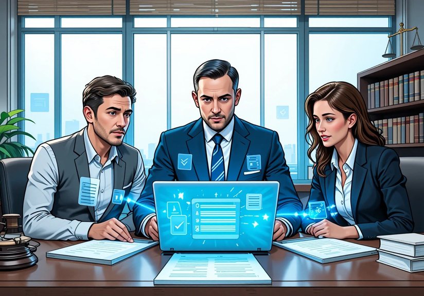 עובד מקבל מכתב פיטורין ממנהלו, כשעורך דין יושב לצידו בייעוץ משפטי