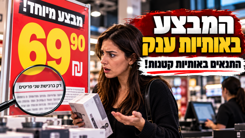 שלט מבצע באותיות ענק ותנאי רכישת שני פריטים באותיות קטנות