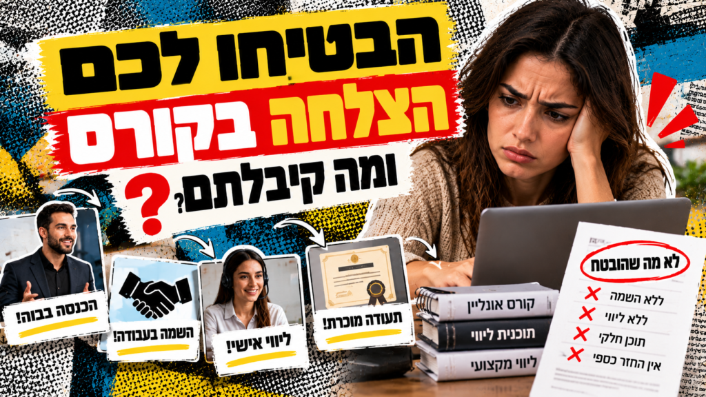 הבטיחו לכם הצלחה בקורס – ומה קיבלתם? פרסום הבטחות להכנסה, השמה וליווי אישי לעומת השירות שסופק