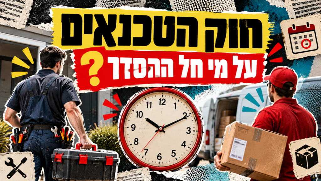 חוק הטכנאים – על מי חל ההסדר? טכנאי ושליח משלוחים לצד שעון גדול